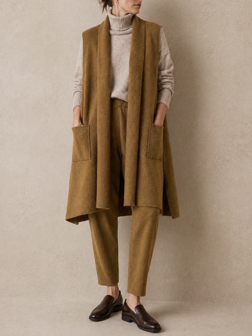 Eileen Fisher Boiled Wool Long Vest Camel Open Front Sleeveless Coat PP 2P/4P